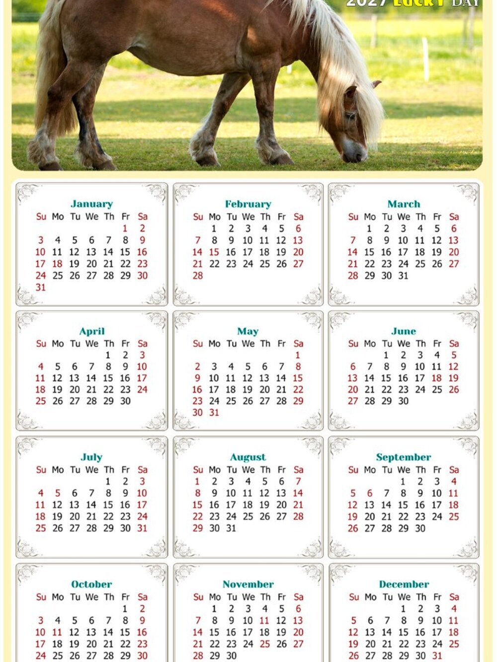 2027 Magnetic Calendar - Today is my Lucky Day - Horses Themed 016 (5.25 x 8)